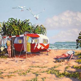 Michael Jones: 'Boys will be Boys', 2014 Acrylic Painting, Beach. Artist Description:   Retro caravan series, Bill and Sheila on holidays.  ...