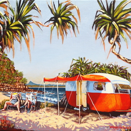 Michael Jones: 'Enjoying the Noosa Break, or Pms in Paradise', 2014 Acrylic Painting, Beach. Artist Description:  Retro caravan series, Bill and Sheila on holidays. ...