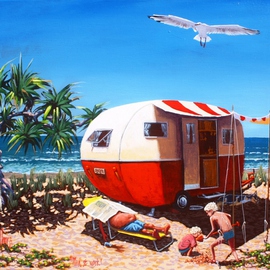 Michael Jones: 'Men at Work', 2014 Acrylic Painting, Beach. Artist Description:    Retro caravan series, Bill and Sheila on holidays.   ...