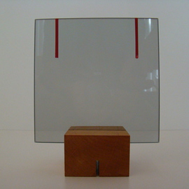 Mrs. Mathew Sumich: 'Glass With Red Lines', 2009 Glass Sculpture, Minimalism. Artist Description:  smoke glass with applied red adhesive, on wooden base, for table top  ...