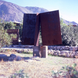 Mrs. Mathew Sumich: 'Metal Wings', 1985 Steel Sculpture, Abstract. Artist Description: large metal rectangles on solid base, natural patina. ...
