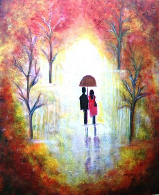 Manjiri Kanvinde: 'AUTUMN ROMANCE', 2008 Acrylic Painting, Abstract Landscape.  Acrylic painting of a romantic couple taking a stroll in the park.Painted in abstract style the colours are rich and warm.Its huge and impressive!Medium: Acrylic paint on gallery wrapped canvas. Sides are painted and so no framing required.Actual colours look brighter and pleasant than in the...