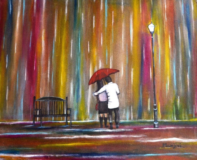 Artist Manjiri Kanvinde. 'Love In The Rain' Artwork Image, Created in 2012, Original Painting Other. #art #artist