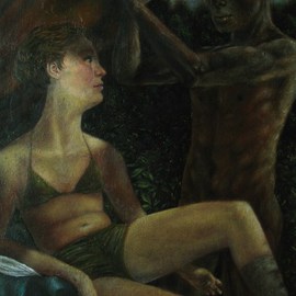Mark Keogh: 'Cleopatra and  Columbus', 2013 Oil Painting, Figurative. Artist Description:  Two figures inhabit a dark forest- like setting and hold poses as if they are actors in some drama. The male gazes towards the horizon while the female reaches out to him. ...