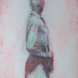 Mark Keogh: 'Hors de combat', 2013 Oil Painting, Figurative. Artist Description:  Minimalist figure painting showing a single female figure in army or naval uniform who is facing away from the viewer. Only blue/ pink and grey tones are used. ...