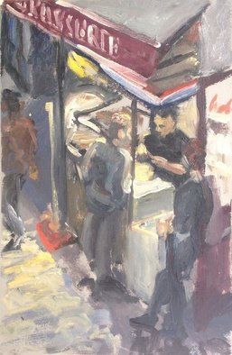 Michelle Mendez: 'Brasserie, Paris', 1990 Oil Painting, Figurative.  Scene from Rue St. Denis, Paris night time, cityscape, gestural, figure, study in oil on primed Rives BFK paper mounted on masonite, stripping stained mahogany, ready to hang   ...