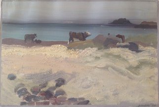 Michelle Mendez: 'Cows Grazing on Seaweed', 1990 Oil Painting, Animals.   Landscape, Isle of Iona, Scotland, Oil on primed Rives BFK printmaking paper, painted at the beach with sand added to pigment, matted  ...