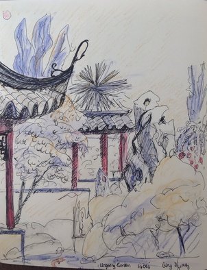 Michelle Mendez: 'Lingering Garden, Suzhou', 2006 Pen Drawing, Landscape.     Pen, Watercolor crayon, sketch  ...