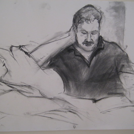 Michelle Mendez: 'Peter Reading to Jamie', 2011 Charcoal Drawing, Portrait. 