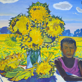 Moesey Li: 'A boy and sunflowers', 1993 Oil Painting, Children. Artist Description: realism, genre painting, boy, sunflowers, field, sky...