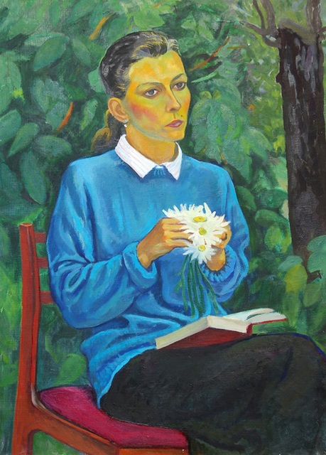 Moesey Li  'A Girl With Daisies', created in 1987, Original Painting Oil.