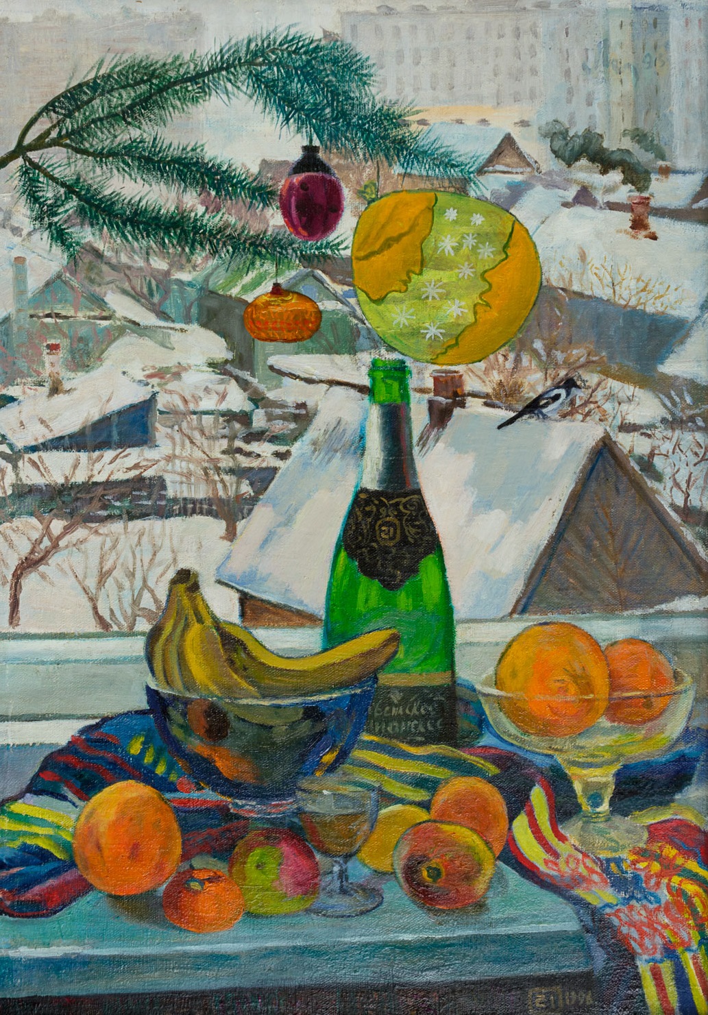 Moesey Li: 'Christmas still life', 1996 Oil Painting, Holidays. realism, still life, Christmas, new year, holiday, window, houses, magpie...