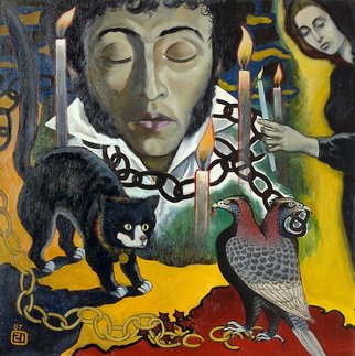 Moesey Li: 'Death of the poet', 1987 Oil Painting, Culture. blood, cat, two- headed eagle, death, A. S. Pushkin...