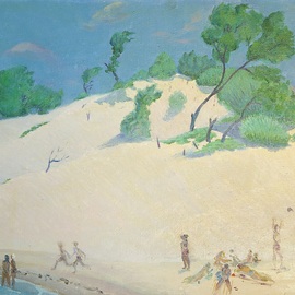 Moesey Li: 'Dunes', 1983 Oil Painting, Beach. Artist Description: realism, landscape, beach, people, sea, trees, dunes...
