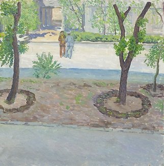 Moesey Li: 'Militiaman', 1982 Oil Painting, Cityscape. realism, street, trees, genre painting, militiaman, car...