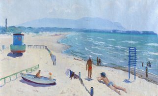 Moesey Li: 'Near the sea', 1979 Oil Painting, Seascape. realism, landscape, sea, beach, people, boat...