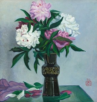Moesey Li: 'Peonies in a black vase', 1990 Oil Painting, Floral. realism, still life, peonies, vase, table...