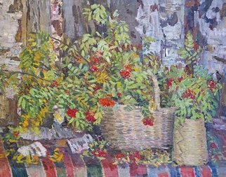 Moesey Li: 'Rowan', 1972 Oil Painting, Still Life. realism, birch, rowan, still life, forest, basket...