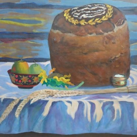 Moesey Li: 'The loaf', 1993 Oil Painting, Food. Artist Description:  realism, still life, loaf, salt, spikelets, apples, table...