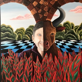 Monica Puryear: 'dream self number three', 2019 Oil Painting, Magical. Artist Description: This piece features my husband and his alter ego, the bull. ...