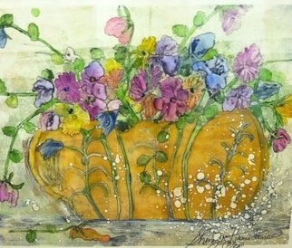 Sherry Harradence: 'Patio Garden Bliss', 2012 Monoprint, Floral.  Original Oil Painting, floral, flowers, still life, abstract, wild flowers, red, green, wall art, home decor, prints, botanical, nature, vase of flowers, contemporary, museum quality, affordable, art, fine art, signed by artist, published artist, blue, yellow, pink, emotional, calm, oil painting, painting, small, leaf, petals, romance, love, flower, warm, vibrant...