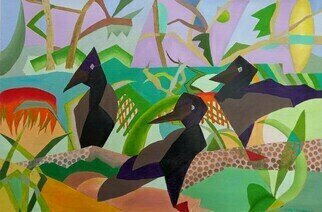 Guy Octaaf Moreaux: 'crows in summer', 2023 Oil Painting, Nature. This is the second variation on the same theme  crows.  A stylized colorful version painted in oils on canvas.  I started out  deconstructing  the first painting, and ended up with this.  It is a first step towards abstraction of the  haiku, the crowss  painting. ...