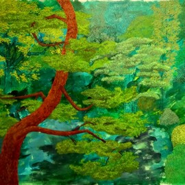 Guy Octaaf Moreaux: 'haiku japanese garden', 2023 Oil Painting, Nature. Artist Description: One thousand shades of greenSpringy light greens with darker shades of old greensThe garden is a world Oil paint on canvas...