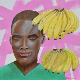 Guy Octaaf Moreaux: 'mary the banana lady', 2020 Oil Painting, Portrait. Artist Description: Bananas are sold along the streets and roads in Kenya, hung on a bit of string.  This beauty is selling bananas.Acrylic and oil paint on canvasboard. ...