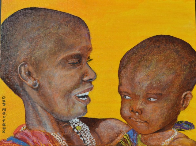 Guy Octaaf Moreaux  'Masai Mother And Child', created in 2018, Original Pastel Oil.
