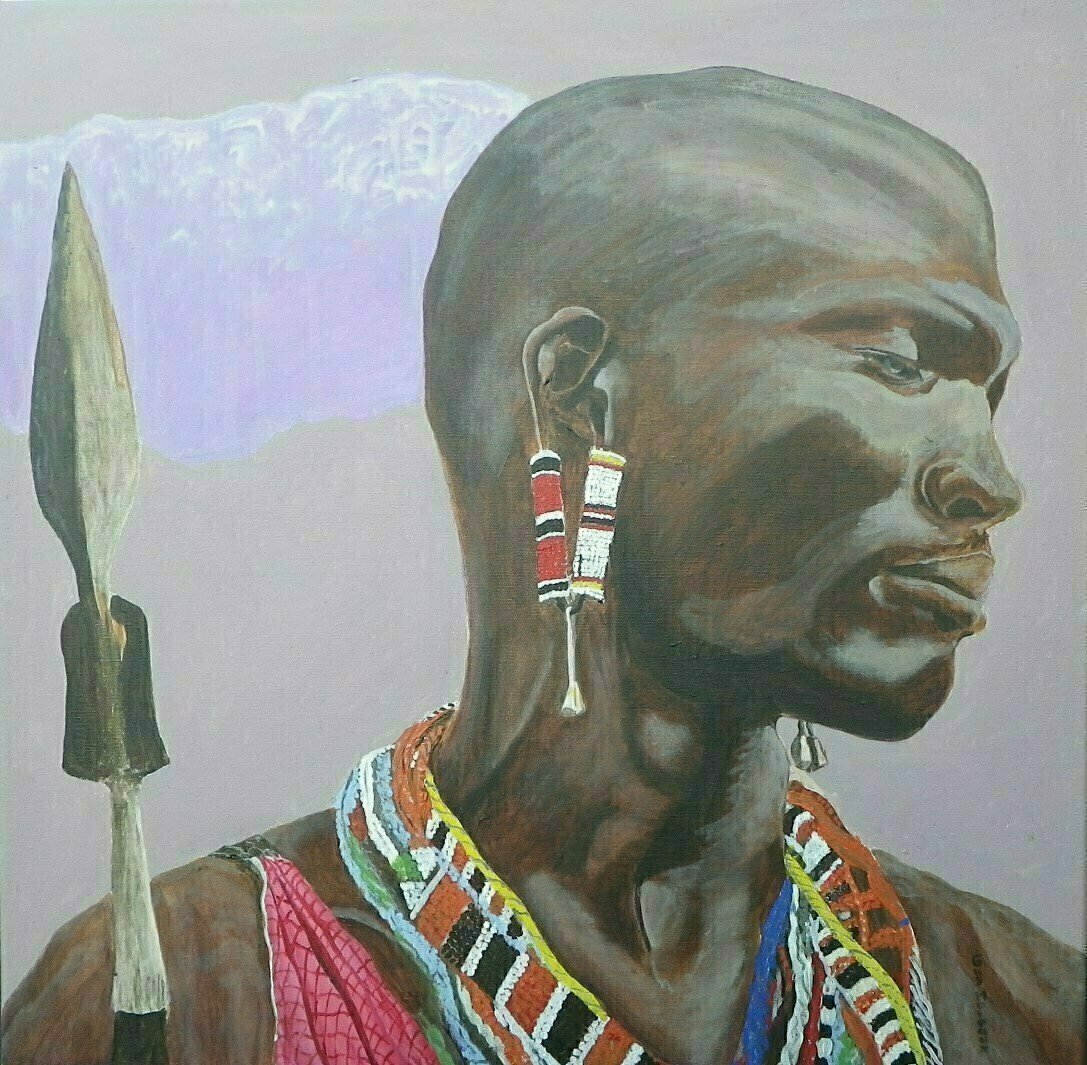 Guy Octaaf Moreaux: 'masai warrior', 2019 Acrylic Painting, Portrait. The Masai people, nothwithstanding the fact that they have always represented a rather small percentage of the Kenians, have a very strong image and symbolic value for the country for different reasons.Acrylic paint on canvas. ...