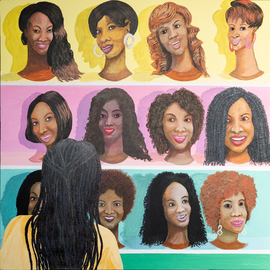 Guy Octaaf Moreaux: 'shopping for a new me', 2021 Acrylic Painting, Pop. Artist Description: Shopping for a new me in Nairobi is the complete title.  Acrylic and oilpaint on stretched canvas.  I was amazed to find out how popular wigs are in Kenya.  Mostly women love to change hairstyles drastically.  A kenyan friend chose romantic, african and western styles from a large ...