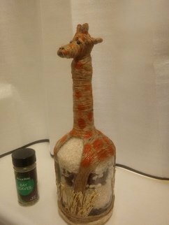 Alvin Eisom: 'giraffe rb', 2019 Crafts, Animals. Handcrafted thick glass bottles filled with dried rice beans and peas. ...