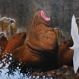 Mike Ross: 'I Am The Boss', 2014 Oil Painting, Animals. Artist Description:  A male stellars sea lion surveys his harem on a rocky out crop in the Gulf Of AlaskaKey Words:Stellar's sea lions, sea lions, seals, marine mammals sea scapes, sea life arctic tern, gulls, terns, , birds, sea birds, shore birds, shore lines,  oil paintings, oils, large ...
