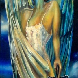 Rafal Mruszczak: 'archangel', 2017 Oil Painting, Ethereal. Artist Description: Keywords: blue, sword, wings, woman, celestial, angel, feathers, heaven...