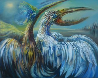 Rafal Mruszczak: 'birds', 2017 Oil Painting, Surrealism. Keywords: beaks, birds, blue, wings, fable, fantastical, feathers, awkward, monstrous ...