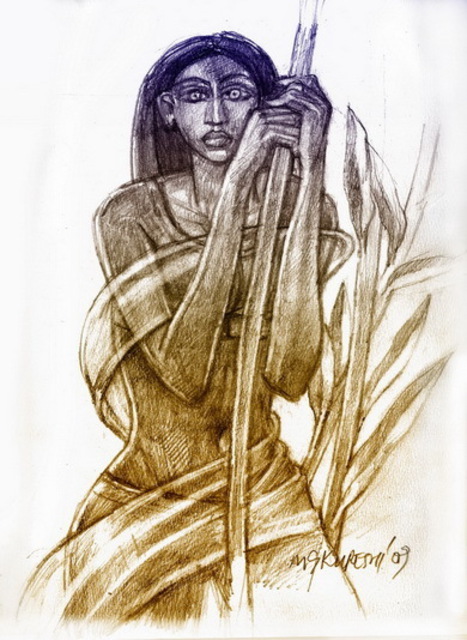 Artist Saeed Kureshi. 'Girl In Cane Fields' Artwork Image, Created in 2011, Original Drawing Pen. #art #artist