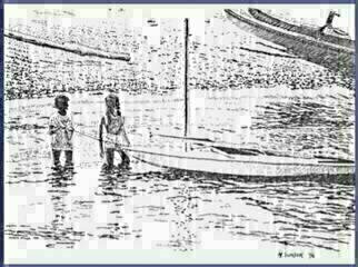 Michael Garr: 'Boats and Ladies', 1996 Pen Drawing, Marine. I loved the backlighting and play of waves against the shoreline.  The drawing depicts My wife Jeanne and our friend Nancy Reichley getting ready to put away our sailboat at South Ferry beach, Narragansett RI....