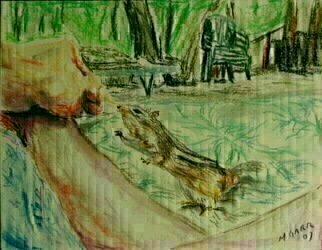 Michael Garr: 'Danas chipmunk', 2007 Pastel, Wildlife.  My brother in law Dana with his legs folded under him, feeding a local chipmunk a peanut on the veranda at the Hague Cabin at Camp K- 20, Bear Mountain, NY ...