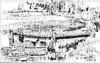 Michael Garr: 'K20 fishing dock', 2006 Pen Drawing, Landscape. The fishing dock at camp was particularly skewed and interesting.  With a single day of visit this year, a small sketch was all that I had time for. ...