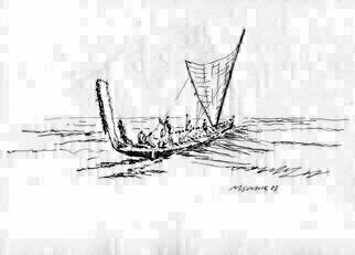 Michael Garr: 'Small boat transfer', 2003 Pen Drawing, Marine. This drawing was done on a challenge from Al Ruiz while on a sea test for the Navy.  We had done several small boat transfers of our own.  The polynesians did the real transfers. ...