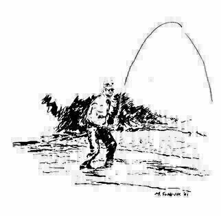 Michael Garr: 'The fly fisher', 2001 Pen Drawing, Fish. Minimalist sketch of a fellow who has one on his line in a mountain stream.  The Original was given to my Freind Burt Strom, who got me started in fly fishing along with my son Albert...