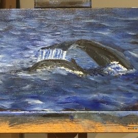 Michael Garr: 'dive in', 2021 Oil Painting, Marine. Artist Description: A Mother and calf Humpback going into a Dive off Maui in January 2021...
