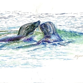 Michael Garr: 'galapagos seals meet and greet', 2024 Pastel Drawing, Animals. Artist Description: A pair of galapagos seals enjoying a swim together near shore...