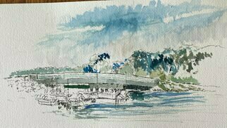 Michael Garr: 'middlebridge', 2023 Mixed Media, Landmarks. Watercolor and india ink sketch of a bridge on the narrow river in south kingstown narragansett ri...