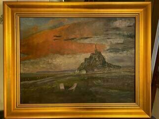 Michael Garr: 'storm brewing mt st michel', 2023 Oil Painting, Landmarks. Spectacular evening view of Mt St Michel with the sun illuminating a giant anvil cloud in the distance as the light was fading From a photo taken during a trip in September 2021...