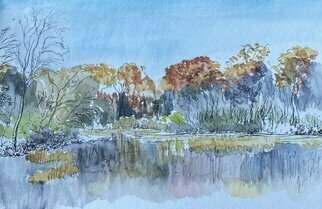 Michael Garr: 'the pond in november', 2022 Watercolor, Landscape. Plein air ink and watercolor sketch at THE pond...