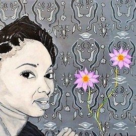 Mulumba Tshikuka: 'melissa cobbler', 2009 Acrylic Painting, Portrait. Artist Description: Black girl, pink flowers, black and white contrast...