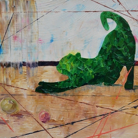 Alexandra Chebysheva: 'gymnast', 2015 Oil Painting, Animals. Artist Description:  interior, abstract, decorative, contemporary, modern art, green, cat, animal, ...