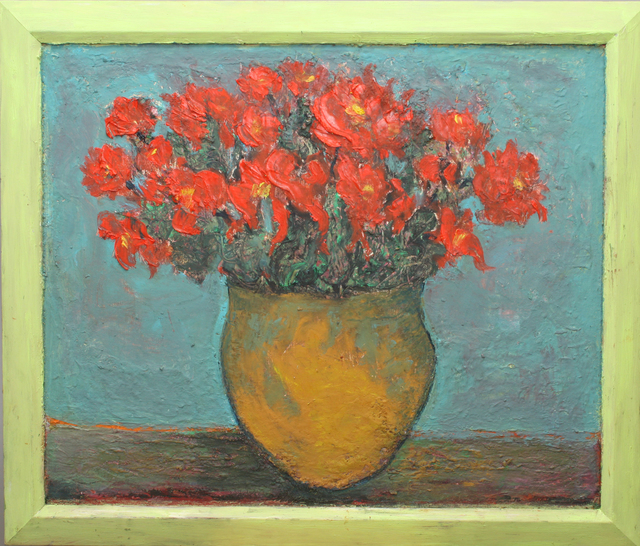 Nadia Gyulcheva  'Orange Flowers In Yellow Vase', created in 2018, Original Painting Oil.
