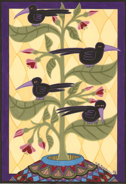 Artist Teresa Sherwin. 'Blackbirds' Artwork Image, Created in 2012, Original Drawing Gouache. #art #artist